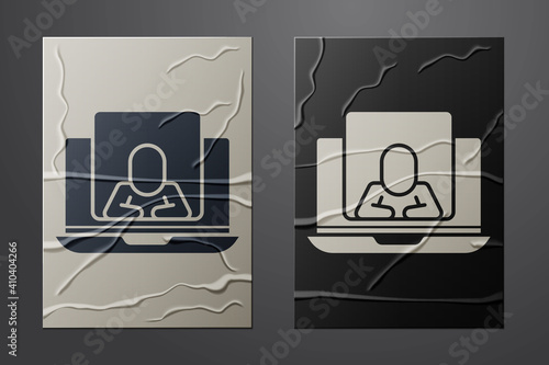 White Online psychological counseling distance icon isolated on crumpled paper background. Psychotherapy, psychological help, psychiatrist online consulting. Paper art style. Vector.