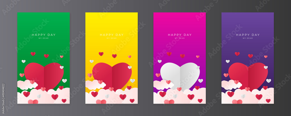 Set of pink yellow blue happy valentine's day vertical banners, posters, cards or flyers with origami hearts in paper cut style. Design template for advertising, web, social media, stories templates