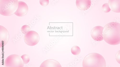 Realistic pearl beads or balls on soft pink background. Abstract vector web banner with copy space, 3d effect. Elegant design.