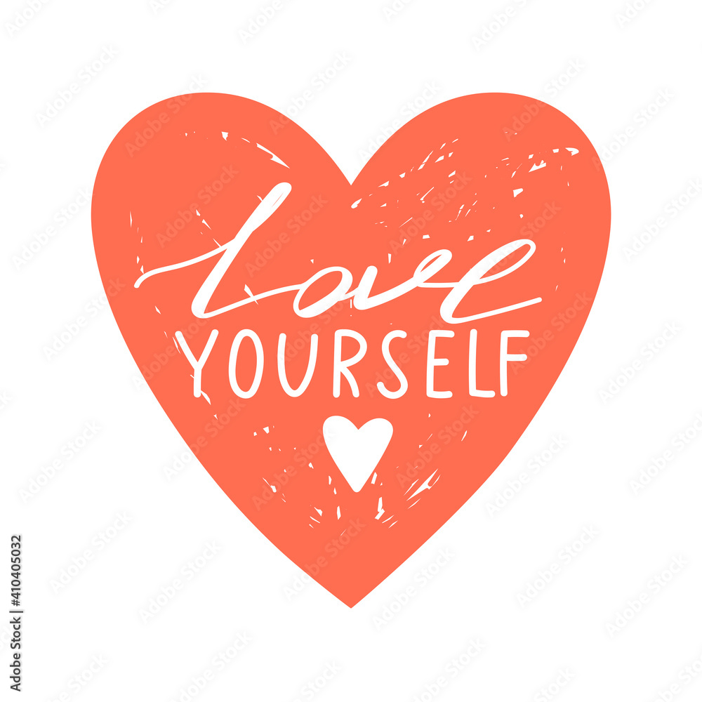 Motivational calligraphy phrase. Self care, self acceptance, love yourself concept. Lettering with red heart. Vector typography print for card, poster, t-shirt, badges, sticker etc. Motivational calligraphy phrase. Self care, self acceptance, love yourself concept. Lettering with red heart. Vector typography print for card, poster, t-shirt, badges, sticker etc.
