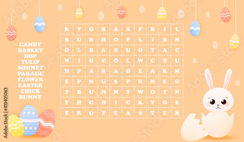 Kids word search game, easter holiday theme with cute animal character - bunny in egg shell, coulourful paited eggs around, easy riddle for children books on orange background photo