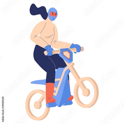 Woman on off road motorcycle jumping isolated on white. Character in helmet and gloves