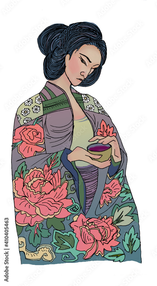 contour drawing geisha girl in kimono painted with ink Japanese ...