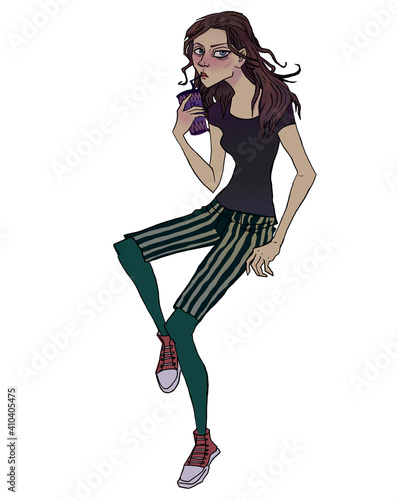 girl illustration in cartoon, comic, anime style with a glass of coffee or tea. Detailed color drawing decoration for cafe, products, advertising. sitting pretty teenager girl near the bar clip art