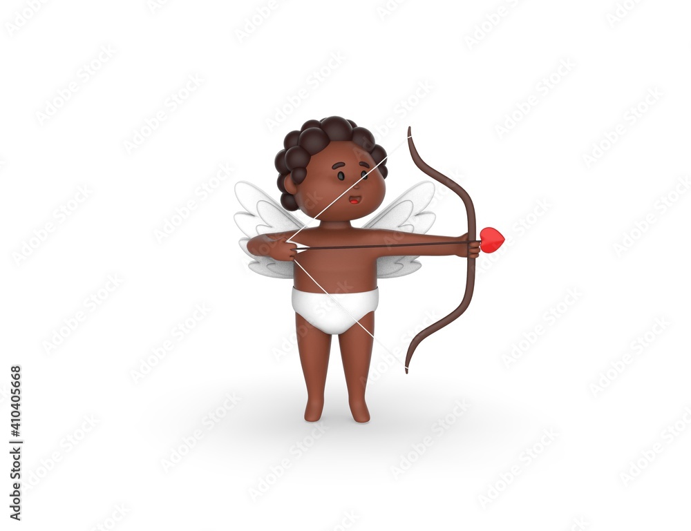 Obraz premium Amur or Cupid with wings hold bow, arrow and heart. Happy Valentines Day. Cute angel or Cupidon with wings. Greeting of Valentines Day or wedding. 3D render model.