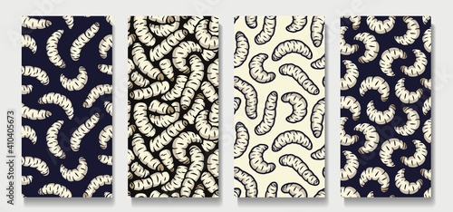 Trendy seamless scary maggots patterns. Set of ugly backgrounds for halloween. Scary zombie worms wallpaper photo