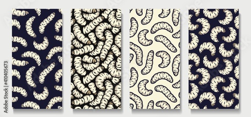Trendy seamless scary maggots patterns. Set of ugly backgrounds for halloween. Scary zombie worms wallpaper