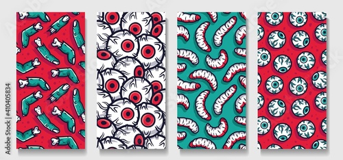 Trendy seamless horror zombie patterns. Set of halloween endless texture of zombie eyes and maggots for wallpaper