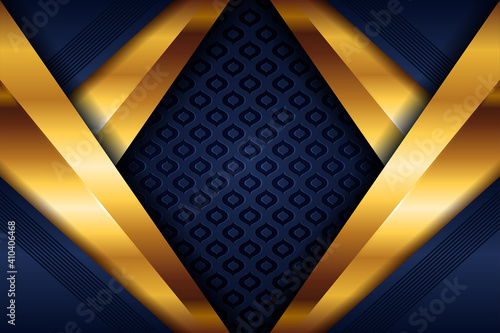 Elegant gold light polygonal on blue geometric banner. Luxury dark lines with paper material layer with golden stripe background