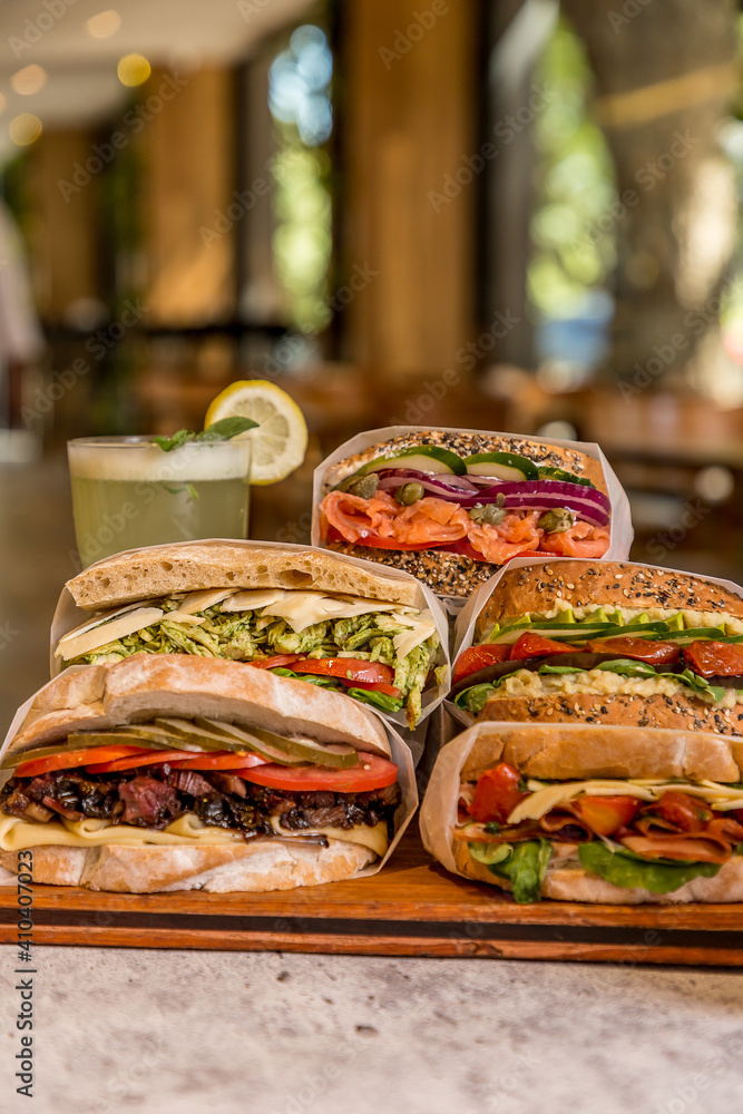 delicious sandwich on wooden table ready to eat