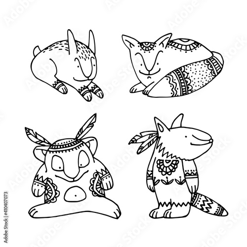 animals from the Russian folk tale Kolobok, hare, fox, wolf, bear, with boho patterns, vector illustration with black ink contour lines isolated on white background in doodle and hand drawn style