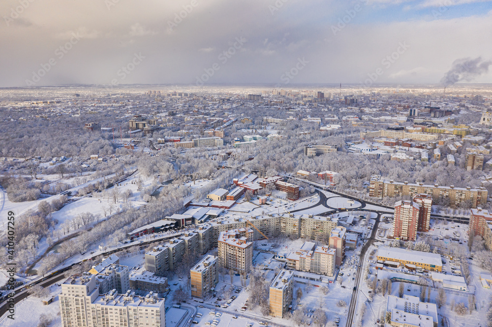 Aerial view of the cityscape od Kaliningrad in the deep winter