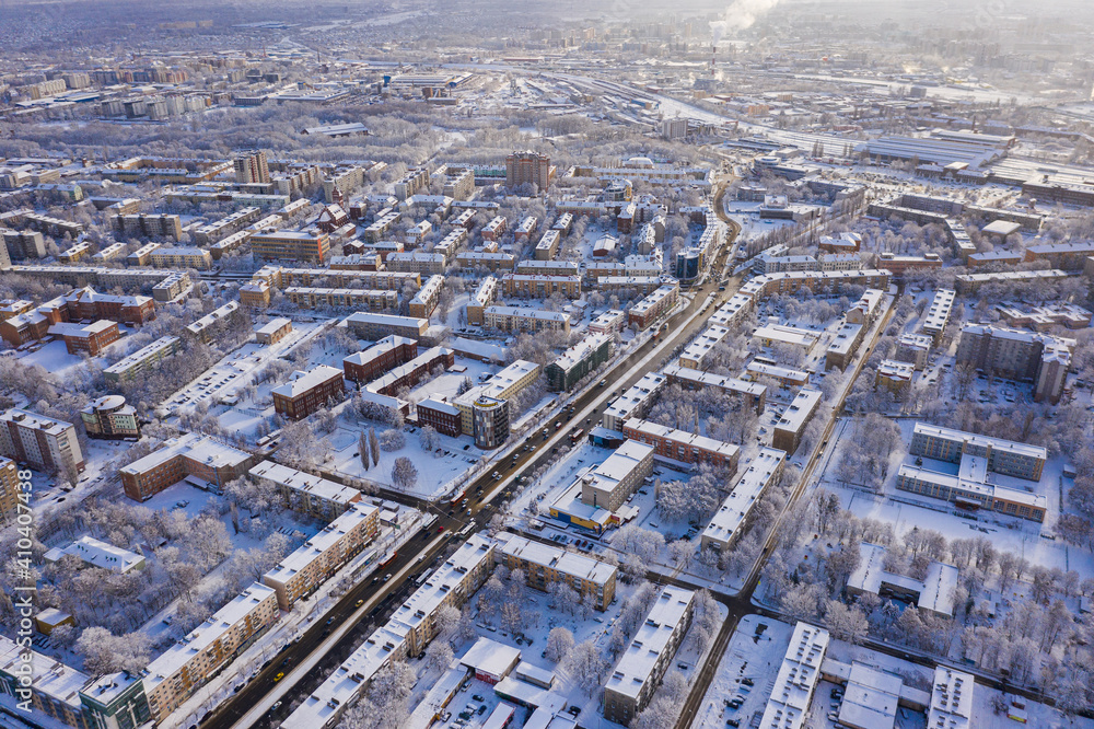 Aerial view of the cityscape od Kaliningrad in the deep winter