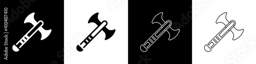 Set War axe icon isolated on black and white background. Battle axe, executioner axe. Medieval weapon. Vector.