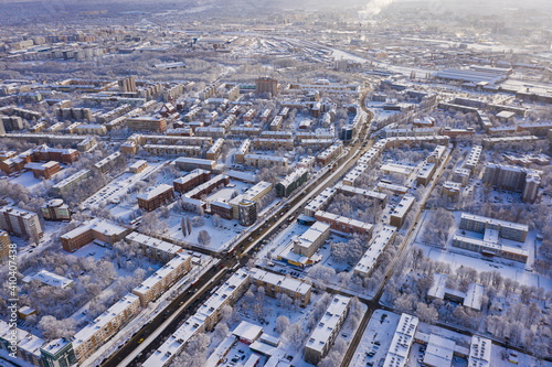 Aerial view of the cityscape od Kaliningrad in the deep winter © castenoid