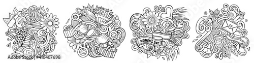 Happy Womens Day cartoon vector doodle designs set.
