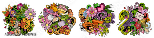 Happy Womens Day cartoon vector doodle designs set.