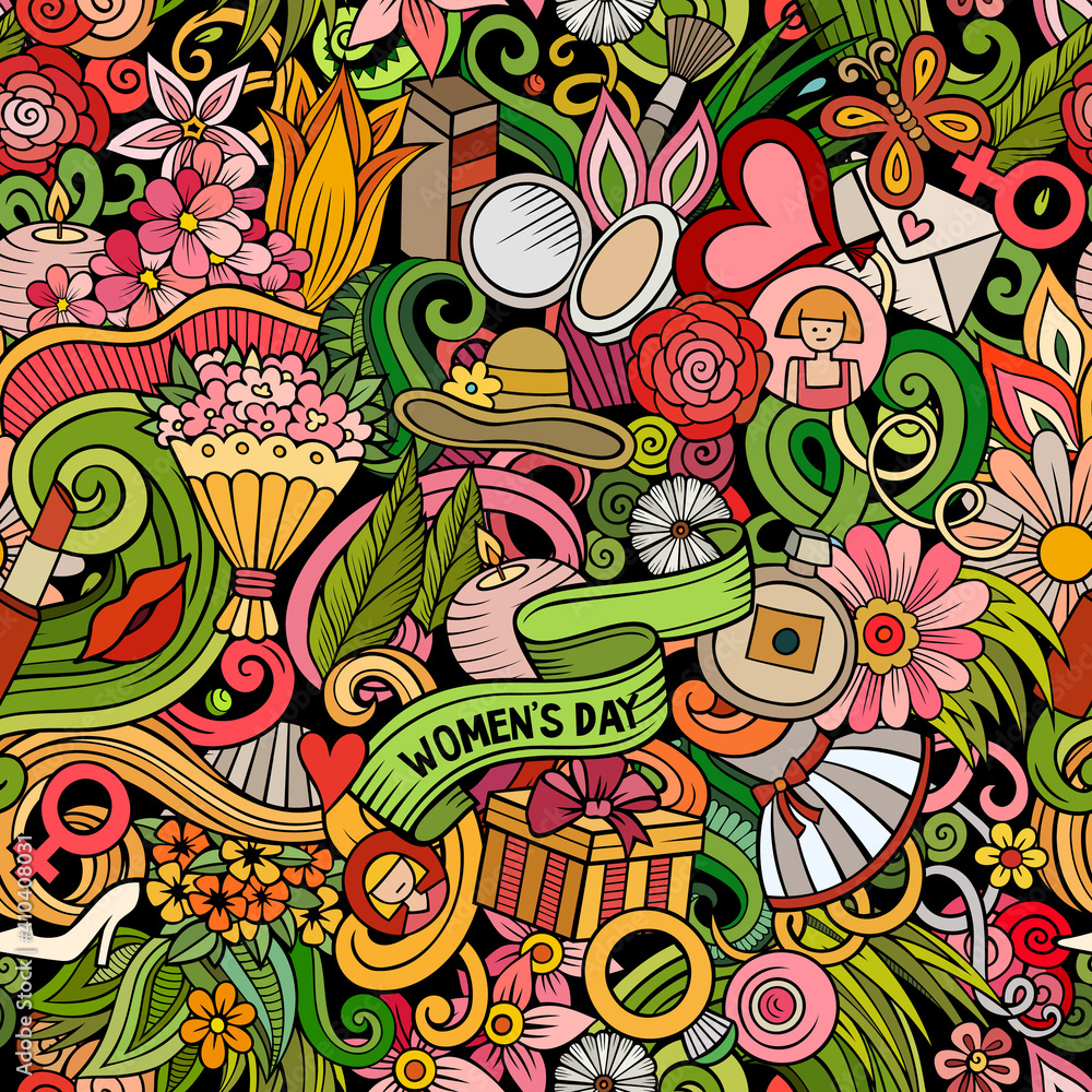 Cartoon doodles 8 March seamless pattern. Cartoon doodles 8 March seamless pattern.