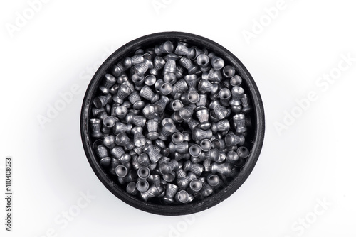 Air rifle lead pellets, ammo with metal container, box packaging isolated on white background