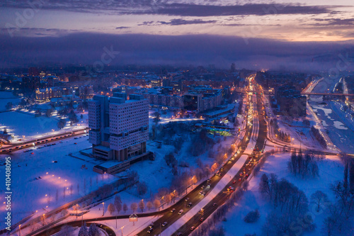 Aerial view of the abandoned House of Soviets in Kaliningrad, winter morning time