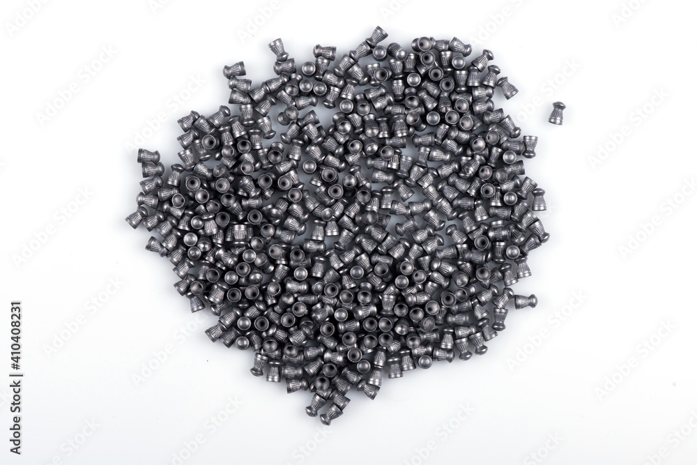 Air rifle lead pellets, ammo with metal container, box packaging isolated on white background Air rifle lead pellets, ammo with metal container, box packaging isolated on white background