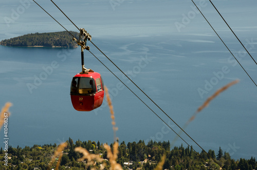 cable car with panoramic view of lake and mountains in southern Argentina