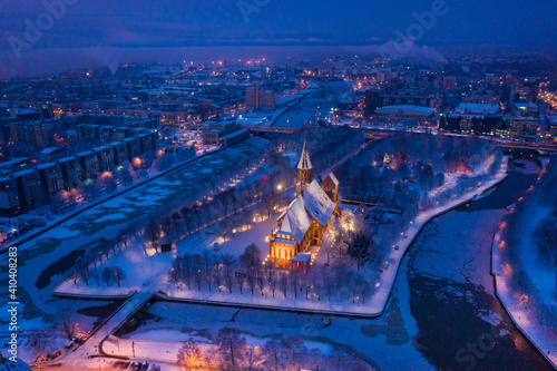Aerial view of the Cathedral in Kaliningrad in the winter  sunrise time