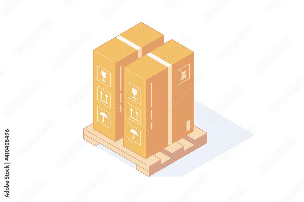 Stack of isometric cardboard boxes on wooden pallet for delivery and storage concept. Stack of isometric cardboard boxes on wooden pallet for delivery and storage concept.