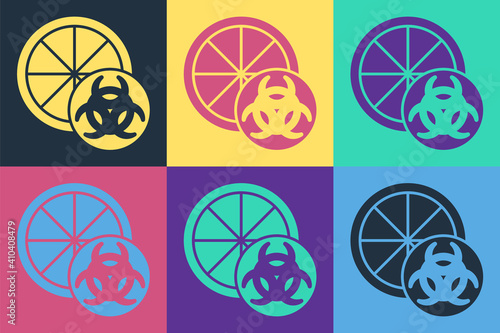 Pop art Genetically modified citrus fruit icon isolated on color background. Orange in a cut. Healthy lifestyle. GMO fruit. Vector.