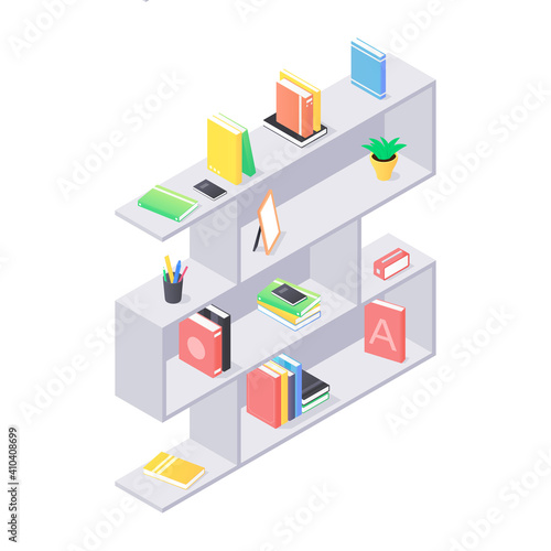 Books and chancellery on gray wooden bookshelf in isometric vector.