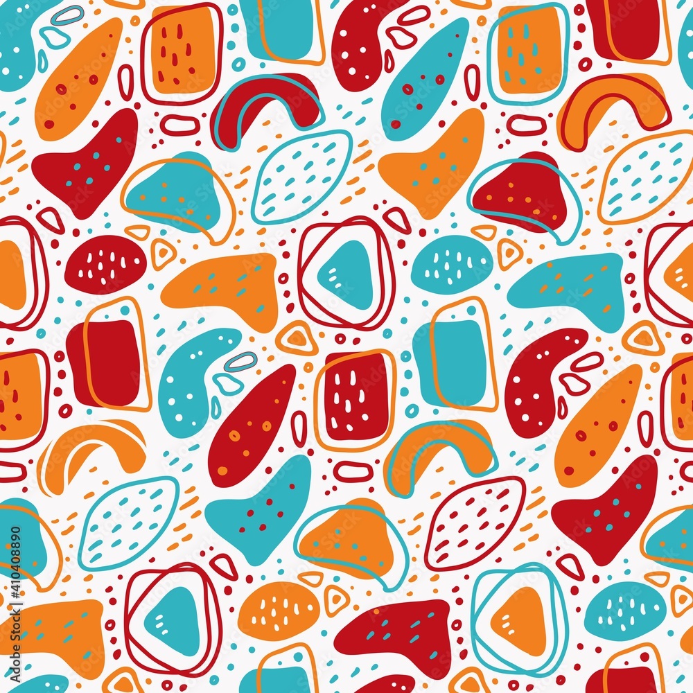 Bright abstract seamless pattern with chaotic scattered simple forms