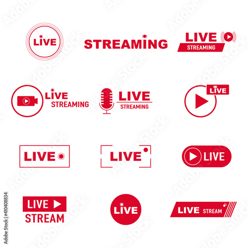Red live streaming, broadcasting icon set 