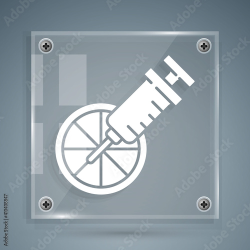 White Genetically modified citrus fruit icon isolated on grey background. Orange in a cut. Healthy lifestyle. GMO fruit. Square glass panels. Vector.