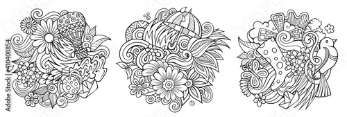 Spring cartoon vector doodle designs set.