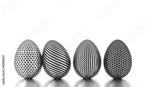 Row of silver eggs on white. Business and easter concept. 3d rendering