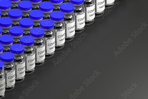 Coronavirus vaccine vials on black surface. Production of drugs for the covid-19 virus. 3d rendering.