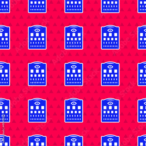 Blue Eye test chart icon isolated seamless pattern on red background. Poster for vision testing in ophthalmic study. Snellen chart. Vector.