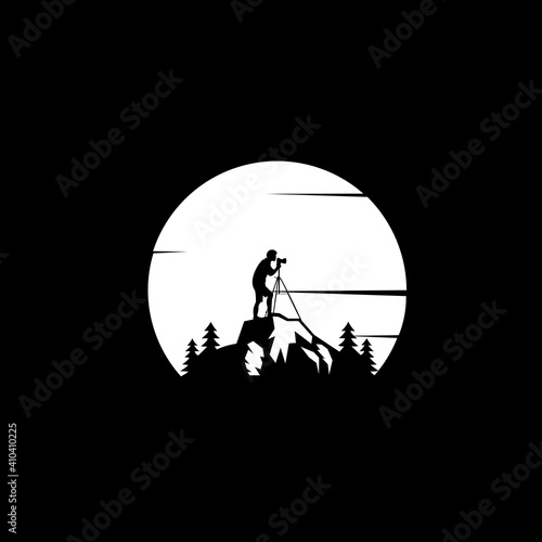 photographer standing on top of mountain. exploration, hiking, adventure tourism and travel. Flat vector illustration.