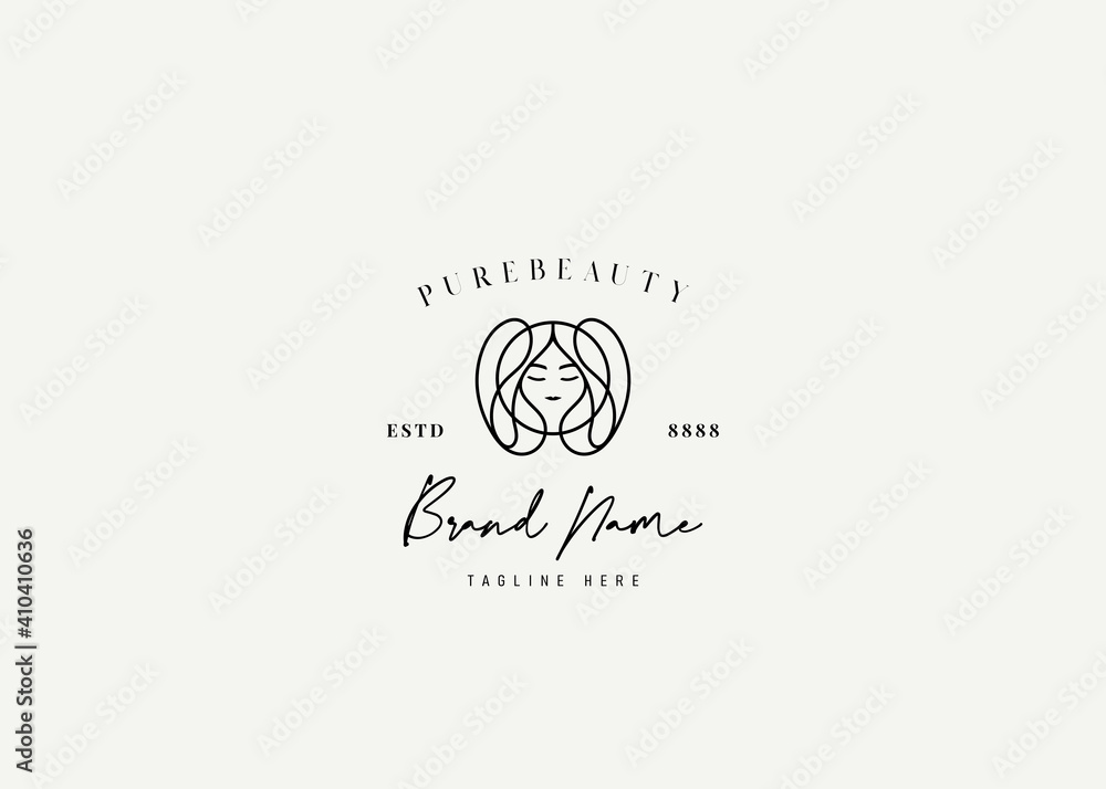 Beauty Girl Logo Design Template. Abstract Rounded Hair Icon Line Art Vector