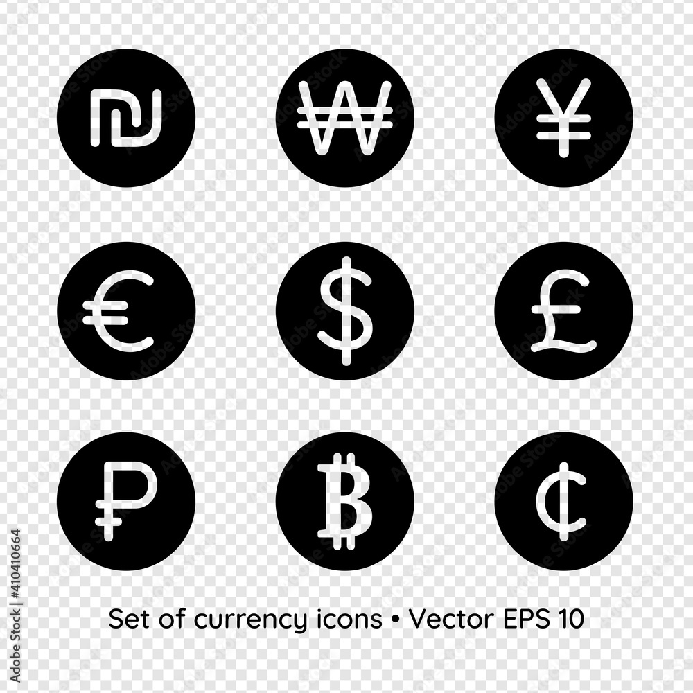 Set of currency icon signs isolated on transparent background, vector illustration. Shekel, won, yen, euro, dollar, pound, ruble, bitcoin, cent