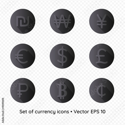 Set of currency icon signs isolated on transparent background, vector illustration. Shekel, won, yen, euro, dollar, pound, ruble, bitcoin, cent