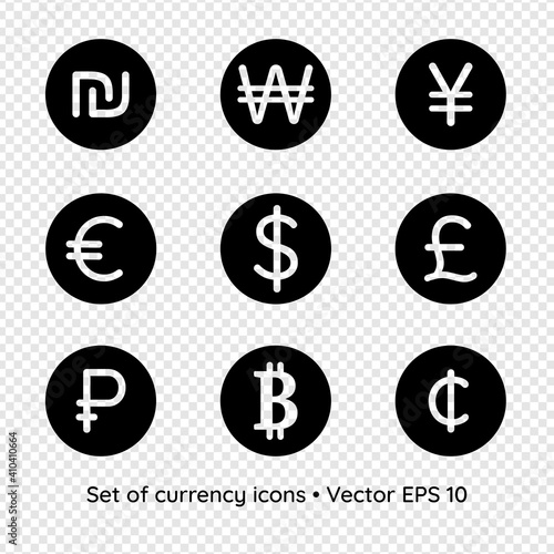 Set of currency icon signs isolated on transparent background, vector illustration. Shekel, won, yen, euro, dollar, pound, ruble, bitcoin, cent
