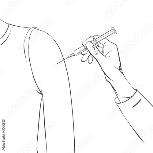 Vaccine Syringe COVID-19 coronavirus. Doctor, nurse is holding medical injection in hand, vaccinating medicine flu. Health care concept of injection. Line sketch vector illustration