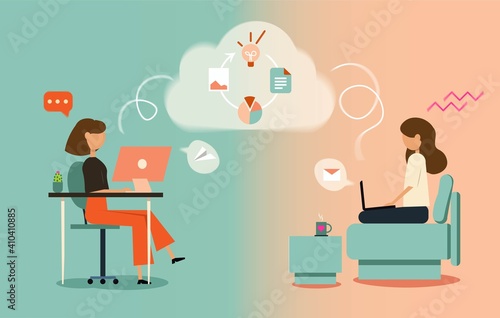Remote work from home or anywhere vector illustration. Woman on the couch, woman in the office. Freelance and convenient work concept.