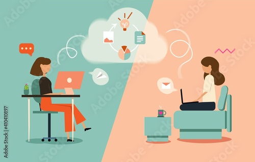 Remote work from home or anywhere vector illustration. Woman on the couch, woman in the office. Freelance and convenient work concept.