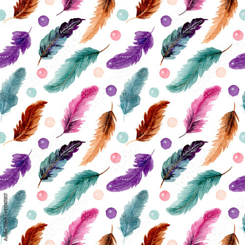 Seamless pattern of colorful watercolor feathers