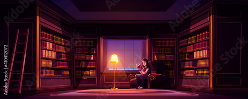 Girl reads book in old library at night. Vector cartoon illustration of luxury home library interior with reading woman in chair, wooden bookcases, ladder and lamp