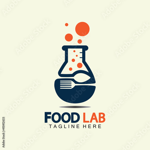 Food Lab logo vector icon illustration design template. lab logo.Lab test tube with spoon and fork.