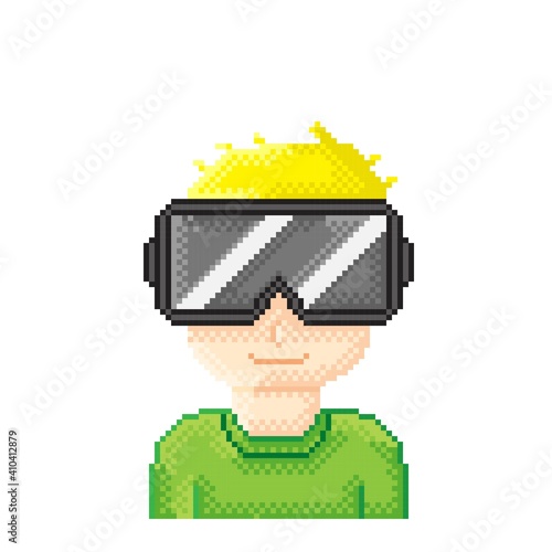 VR glasses, goggles virtual reality 360 icons. VR pixel art.  Wearer VR. Vector illustration.