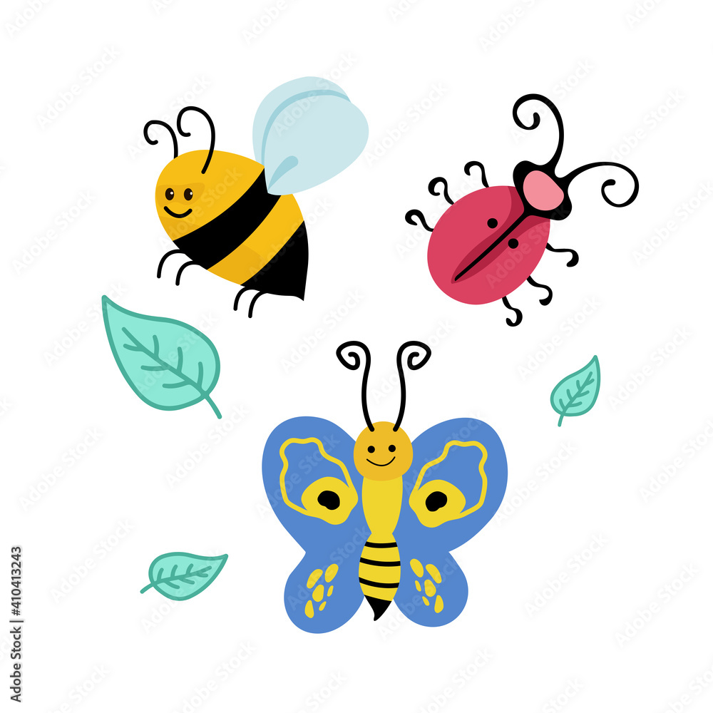 
Set on insects in cartoon style - cute butterfly, beetle and bee isolated on white background. Bright multicolored hand drawn vector illustration